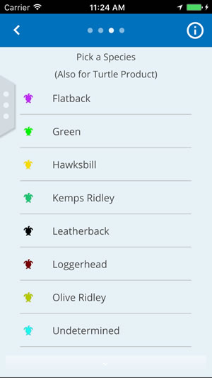 The app lets you select the species of turtle that you spotted.