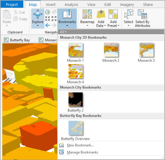 Use bookmarks to save your favorite or frequently used map extents. They're stored with a title and thumbnail on the Bookmarks drop-down menu.